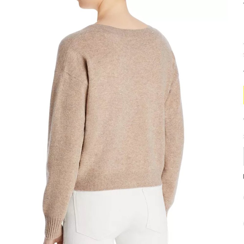 $198 AQUA Cashmere Shell Stitch Sleeve Cashmere Sweater-Wheat Ivory-NWT - Picture 2 of 2